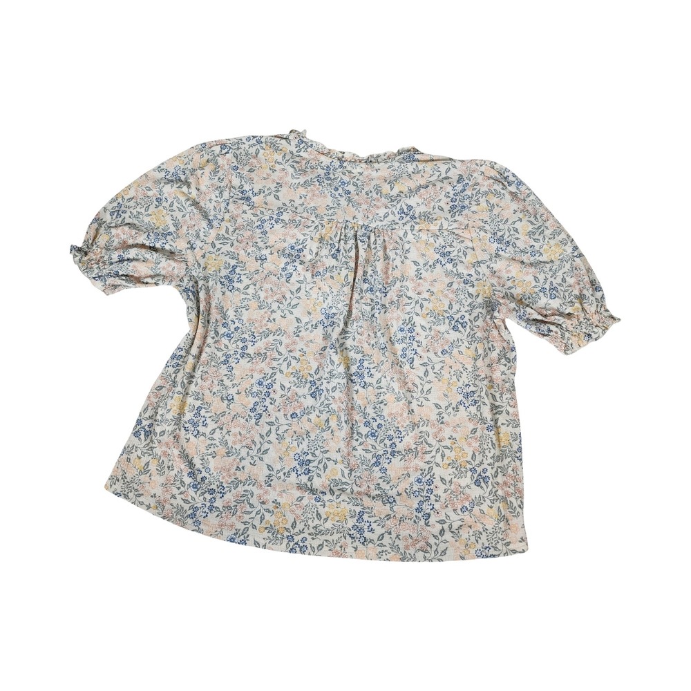 Melloday Womens Floral Puff Sleeve Ruffle Neck Blouse Cream Blue Peach Large